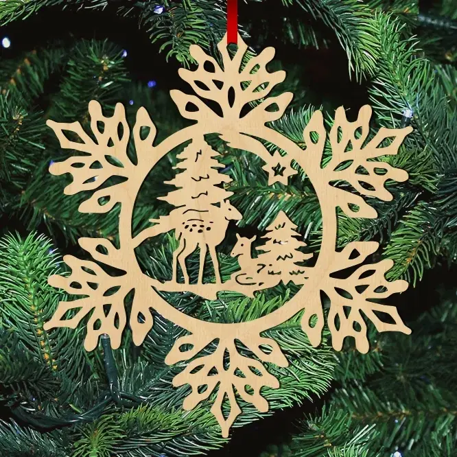 Fa karácsonyfadísz – Hópehely őzikével