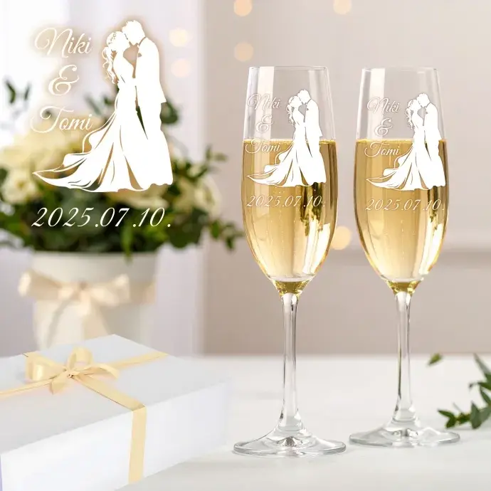 Esküvői pár egyedi pezsgős poharak díszdobozban Esküvői pár egyedi pezsgős poharak díszdobozban