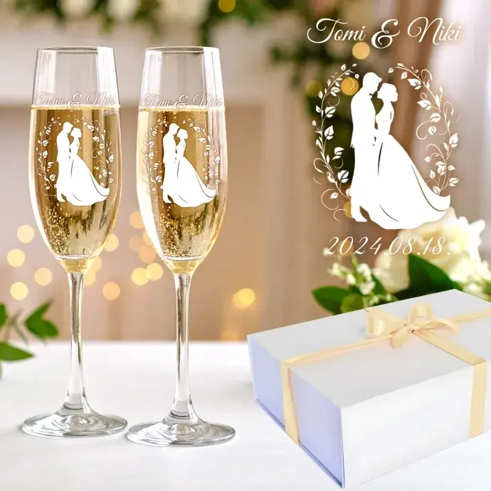 Ifjú házasok egyedi pezsgős poharak díszdobozban Ifjú házasok egyedi pezsgős poharak díszdobozban