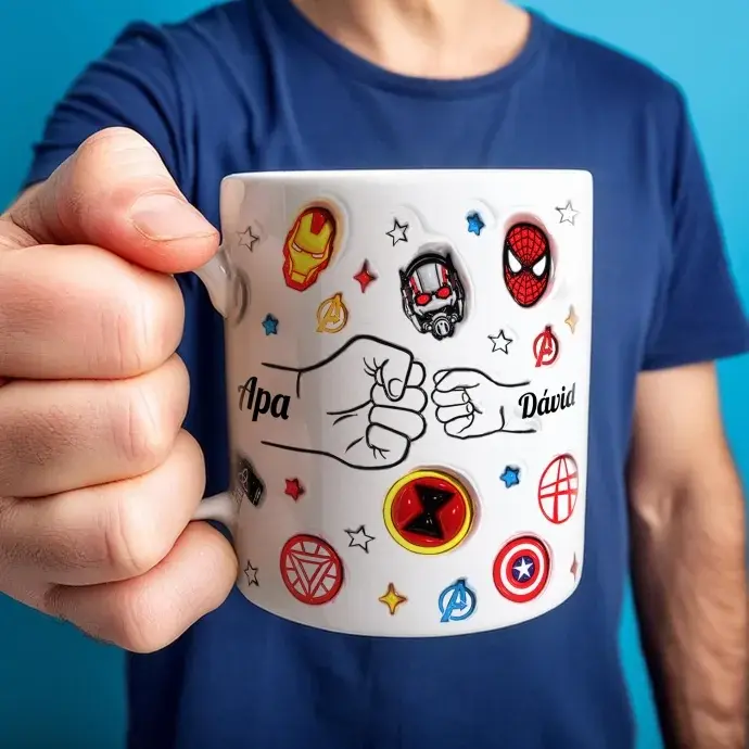Névre szóló szuperhősös apás bögre 3D hatással - 1 gyerek