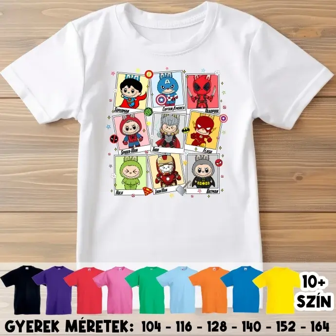 Gyerek póló - Labubu - Szuperhősök kollázs Gyerek póló - Labubu - Szuperhősök kollázs