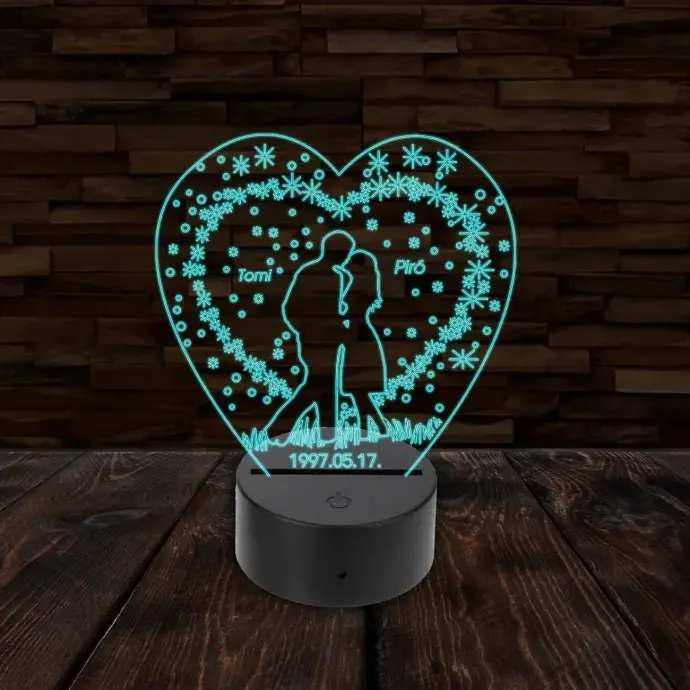 3D LED lámpa - Szerelmes pár egyedi névvel és dátummal - Szív