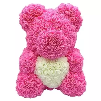 Rózsa maci - Rózsaszín fehér szívvel 40cm 