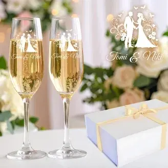 Egyedi esküvői pezsgős poharak díszdobozban