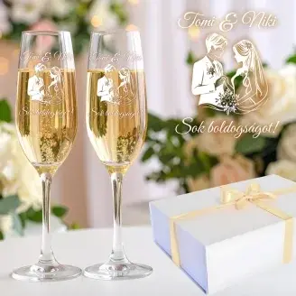 Sok boldogságot egyedi esküvői pezsgős poharak díszdobozban