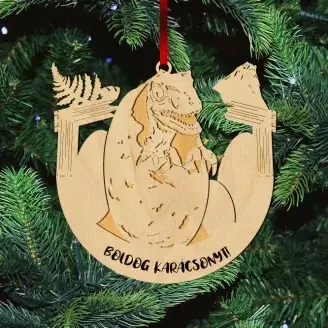 Fa karácsonyfadísz - Bébiraptor tojásban