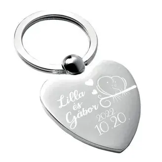 Gravírozott szív kulcstartó - Gerle pár egyedi névvel és dátummal