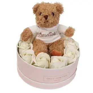 Szappanrózsa box - plüss macival - celofán csomagolásban