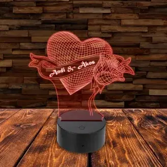 3D LED lámpa - Szív rózsával